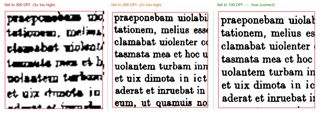 The same 100 DPI photo cleaned at 300 / 200 / 100 DPI — broken strokes at
300 (3× too high), crisp at the true 100 DPI