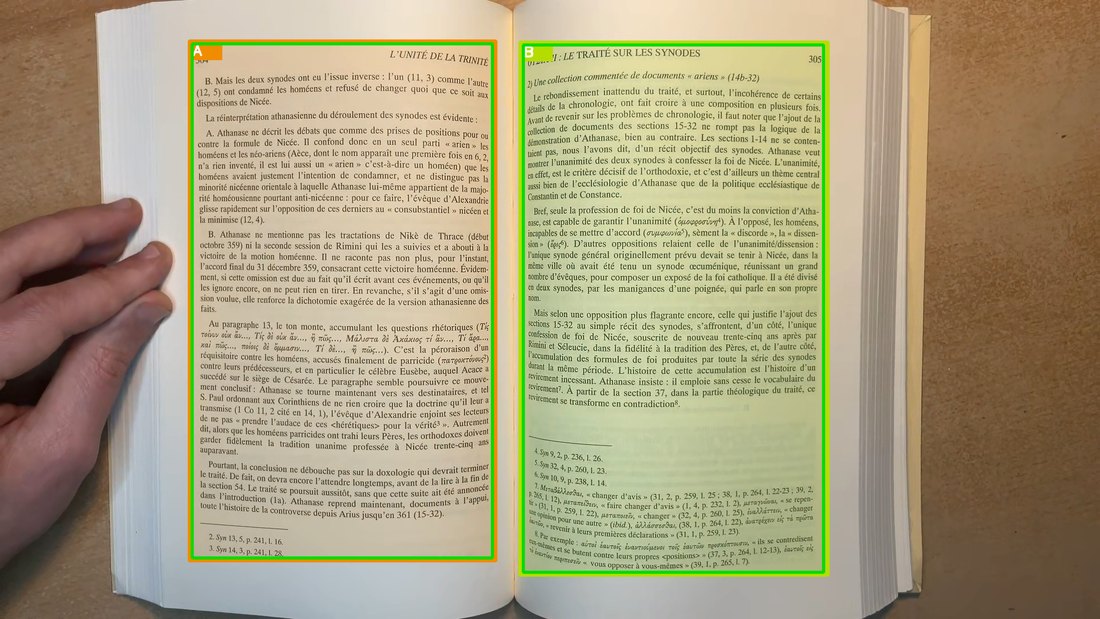 PageDetector splitting a two-page spread into its left (A) and right (B) pages, each with its ROI.